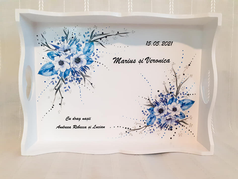Tavita/set de mireasa personalizat cu flori albastre - imagine 2