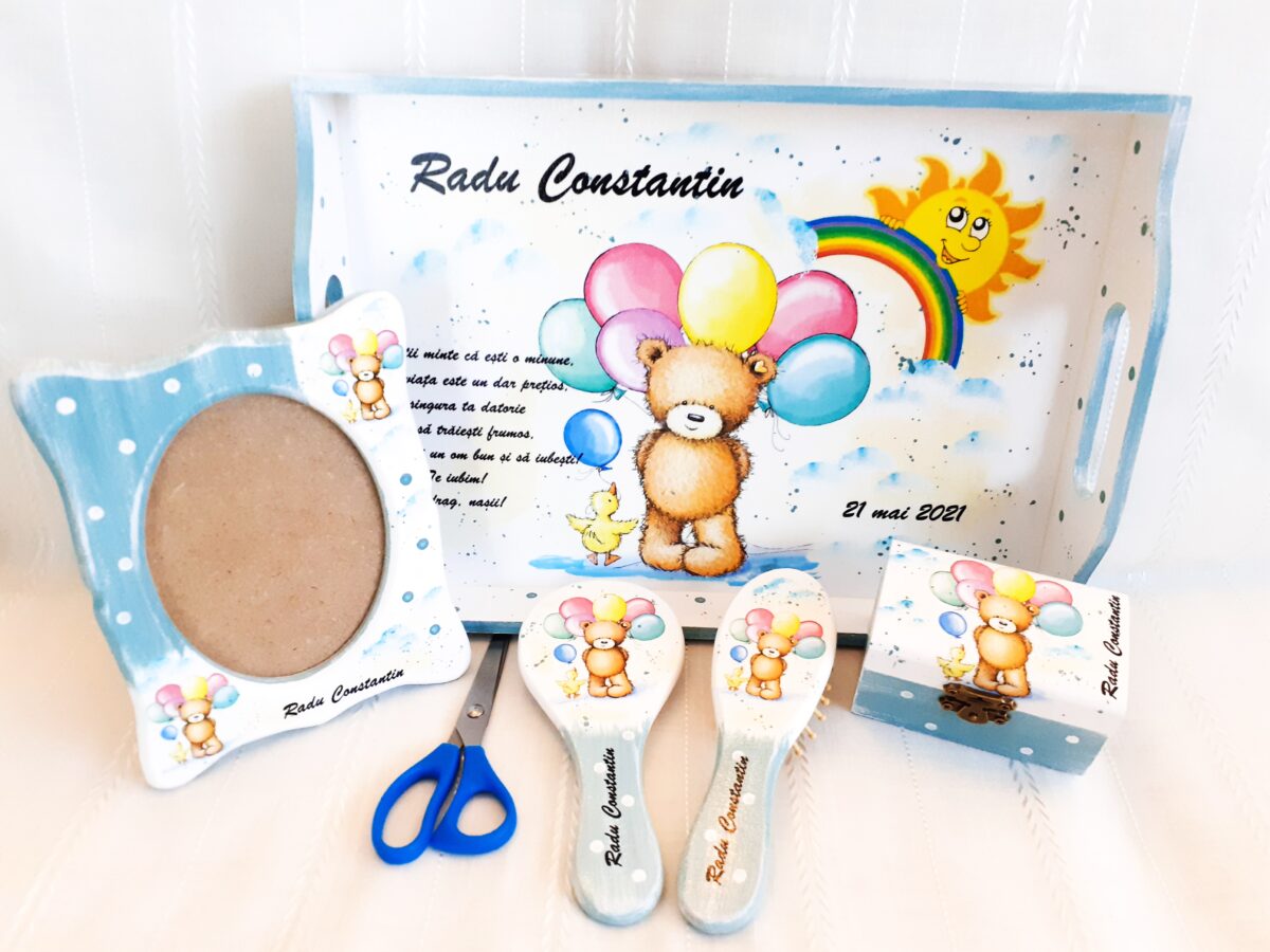 Tavita/set de mot ursulet cu baloane colorate