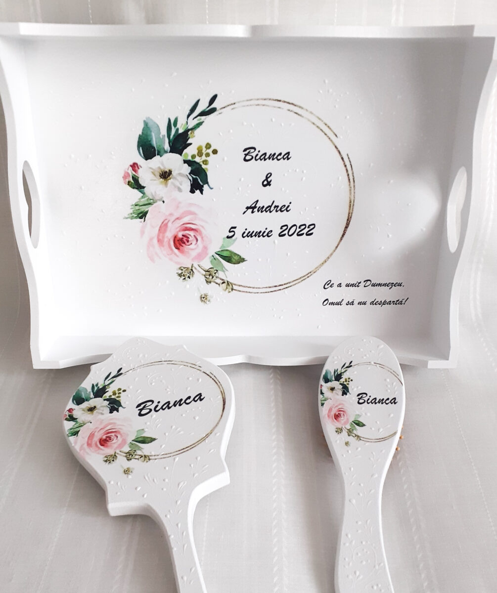 Tavita/set de mireasa personalizat cu cerc auriu si floare roz