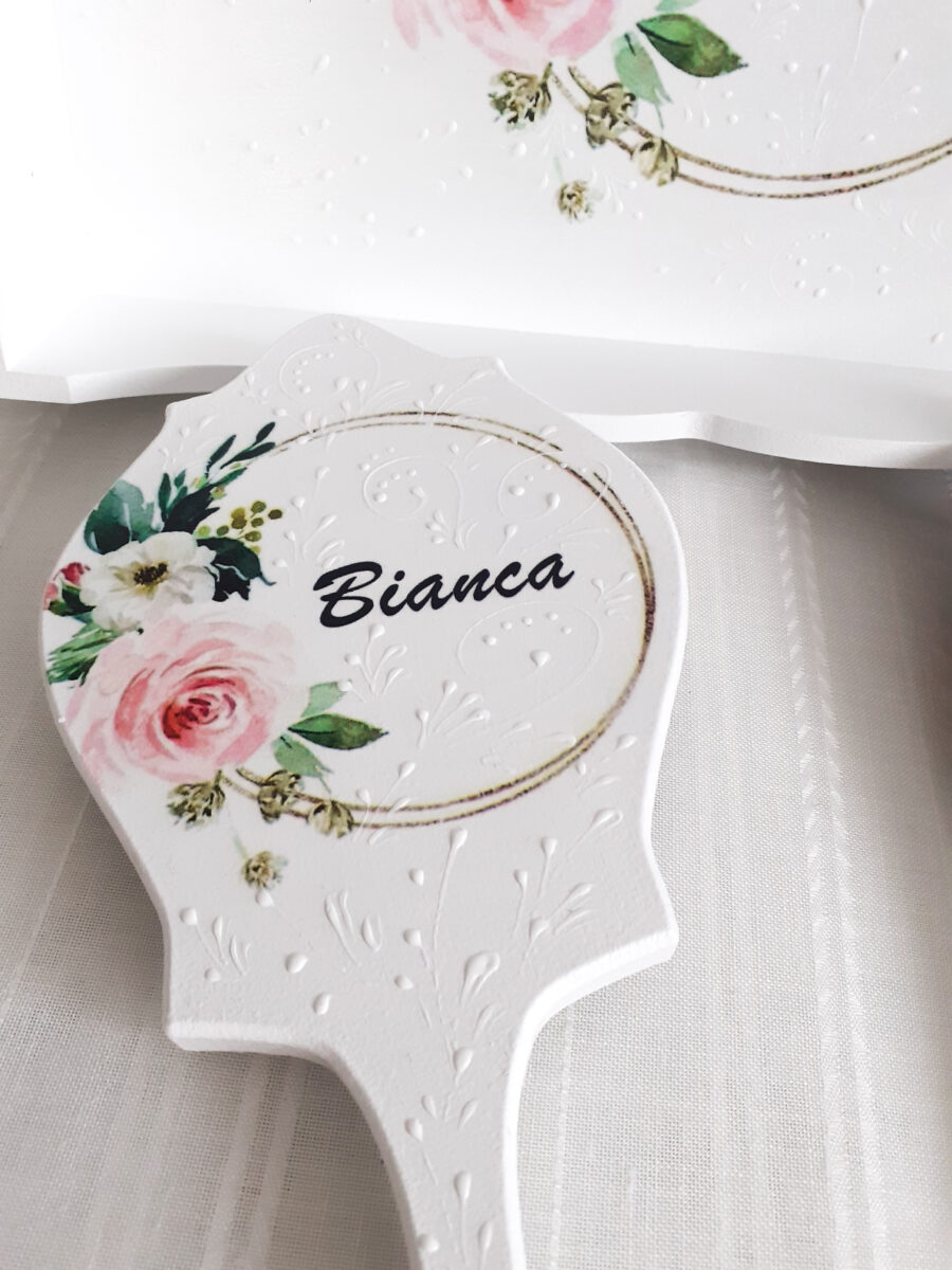 Tavita/set de mireasa personalizat cu cerc auriu si floare roz - imagine 2