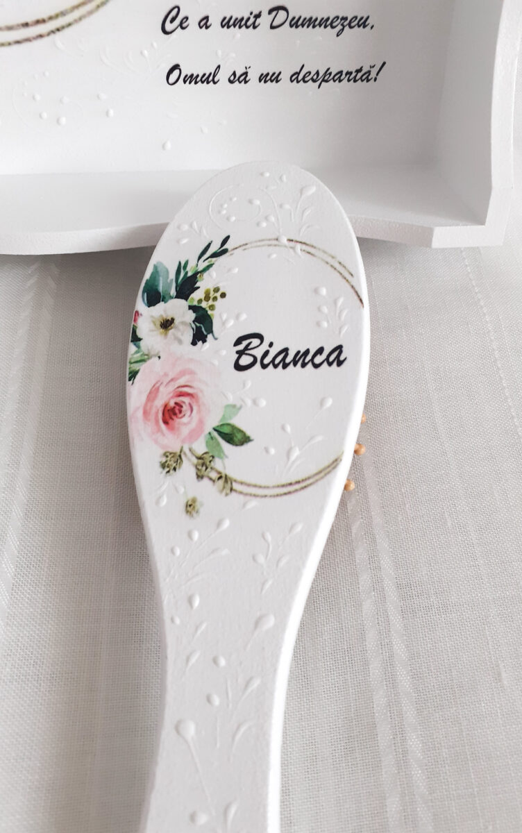 Tavita/set de mireasa personalizat cu cerc auriu si floare roz - imagine 3