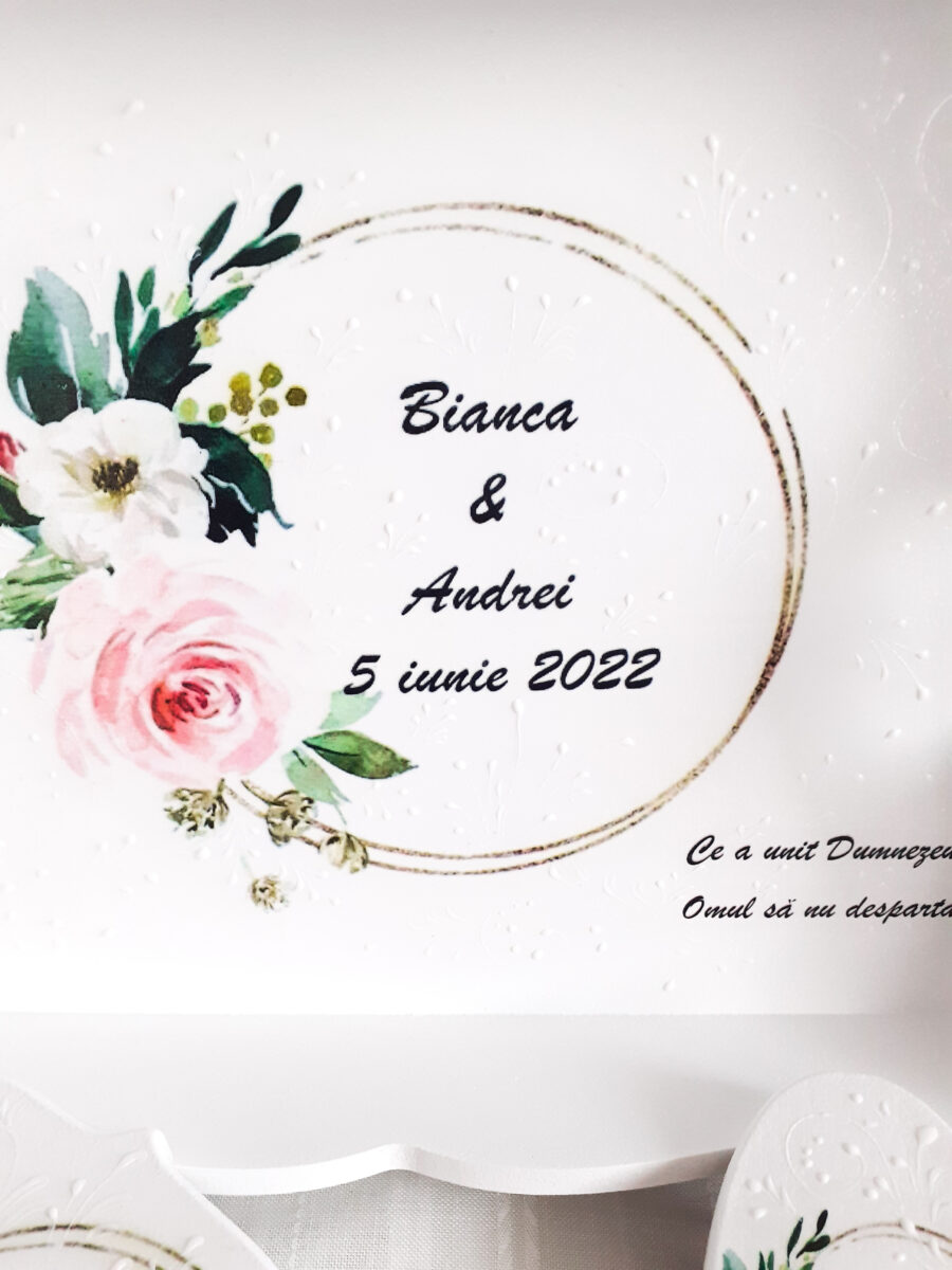 Tavita/set de mireasa personalizat cu cerc auriu si floare roz - imagine 4