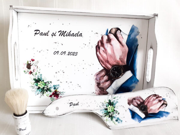 Tavita/set pentru mire, tema mana cu ceas si flori verzi