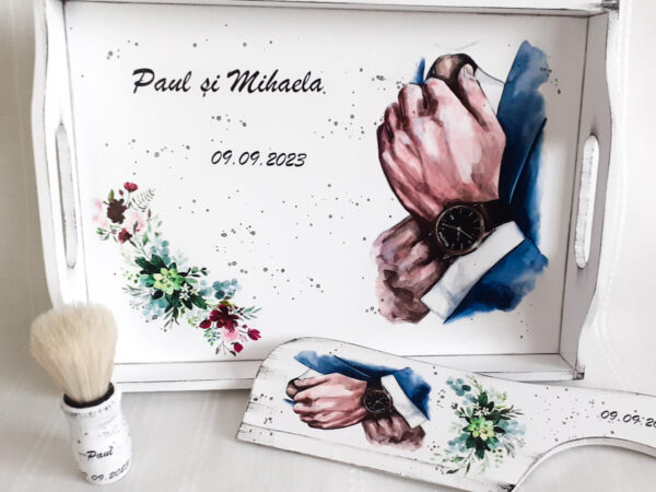 Tavita/set pentru mire, tema mana cu ceas si flori verzi