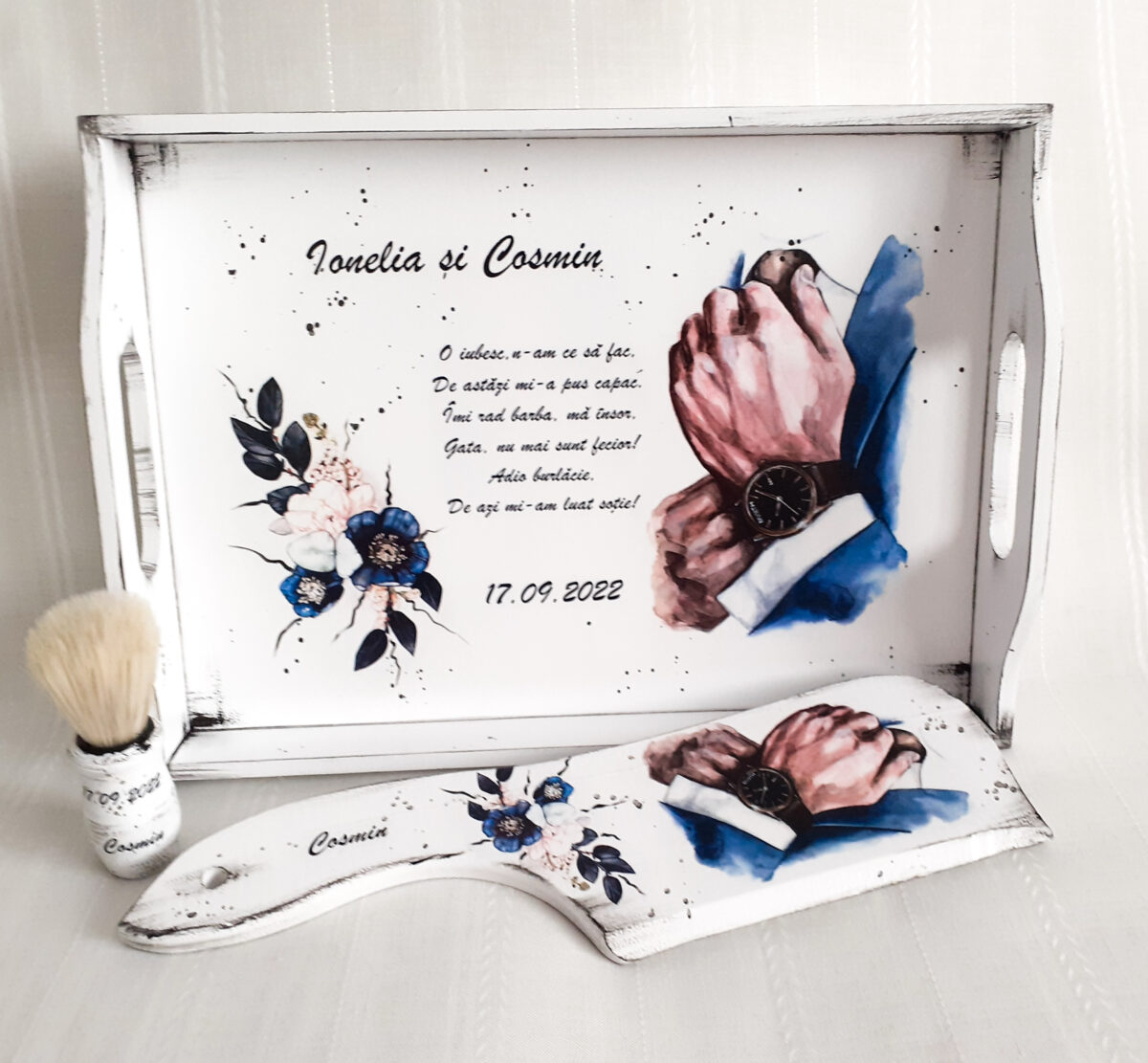 Tavita/set pentru mire personalizat cu albastru inchis si negru