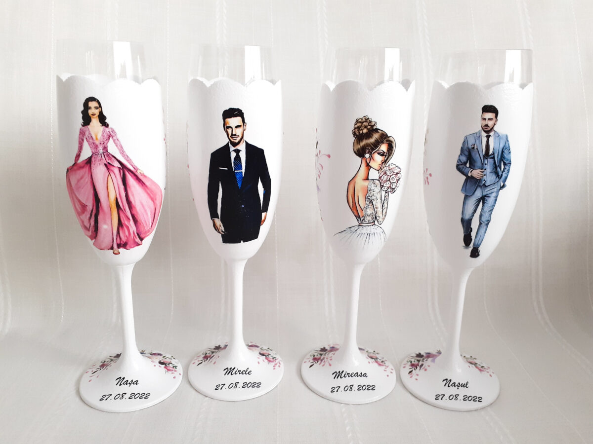 Pahare de nunta personalizate cu nasa in rochie ciclam