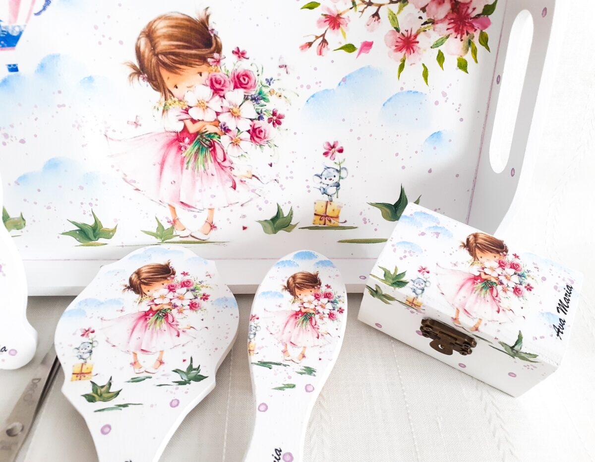 Tavita/set mot fetita cu buchet de flori - imagine 2