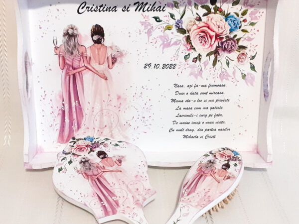 Tavita/set de mireasa personalizat cu nasa in rochie roz