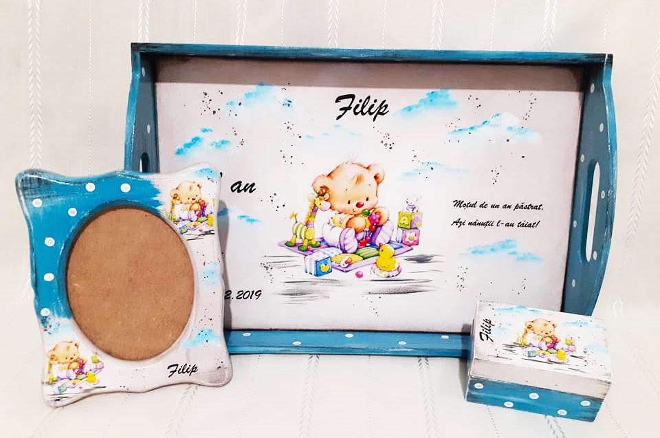 Tavita/set de mot vintage, ursulet cu jucarii