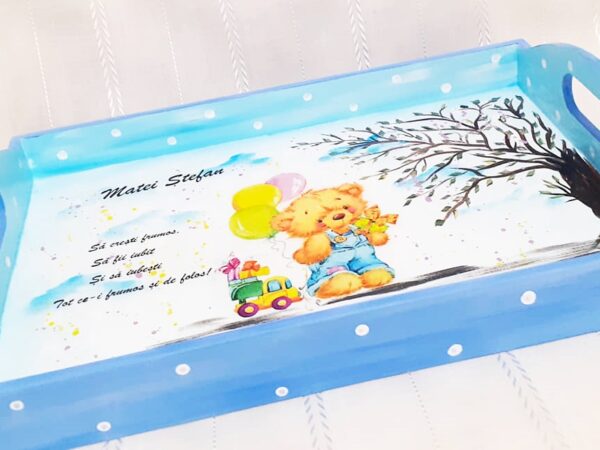 Tavita/set de mot bleu, ursulet cu cadouri