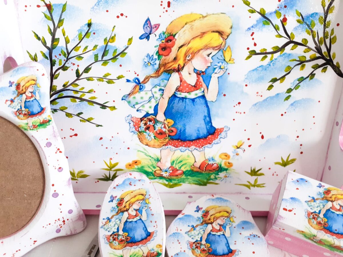 Tavita/set de mot fetita, tema vara, fetita cu palarie - imagine 3