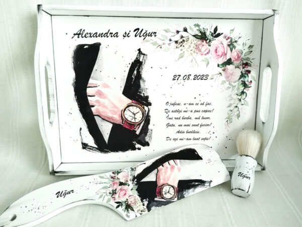 Tavita/set pentru mire, tema sacou negru si trandafiri roz