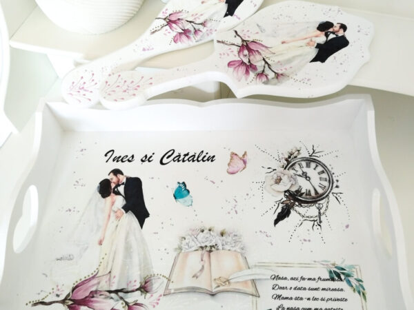 Tavita/set pentru mireasa, tema magnolie si ceas