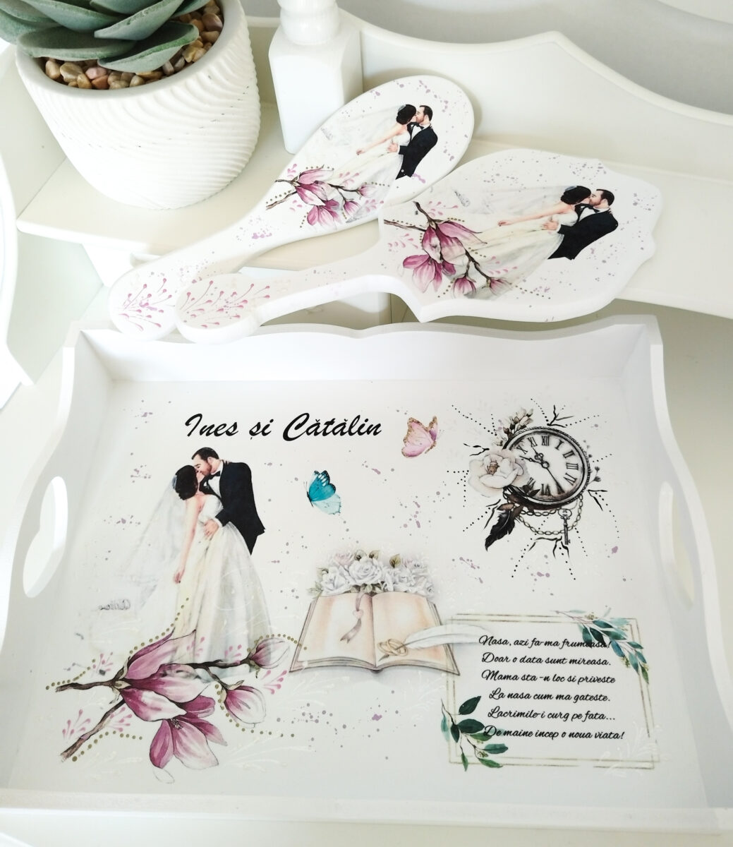 Tavita/set de mireasa personalizat cu tema magnolie si ceas