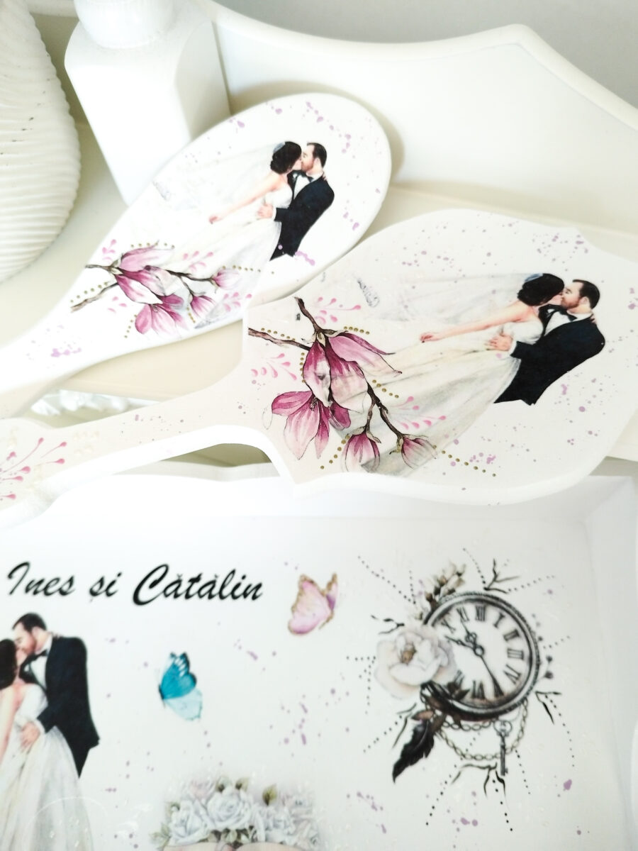 Tavita/set de mireasa personalizat cu tema magnolie si ceas - imagine 2