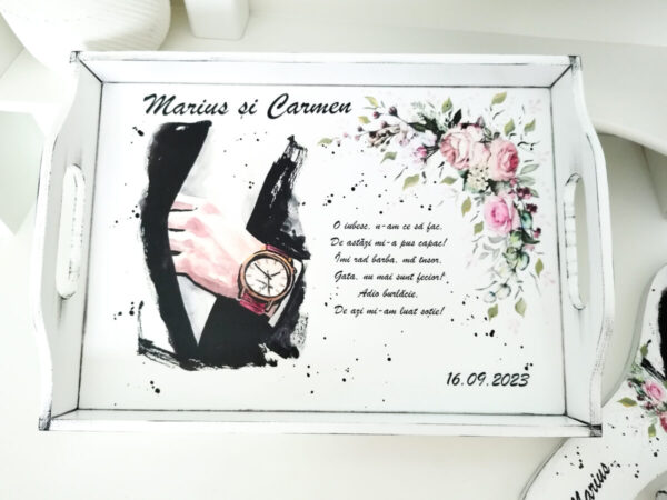 Tavita/set pentru mire, tema trandafiri roz si sacou negru