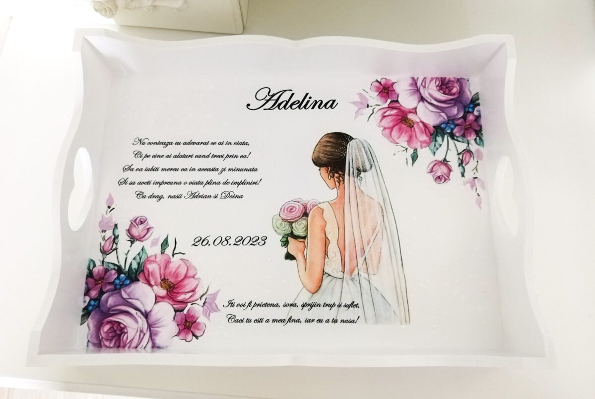 Tavita/set de mireasa personalizat cu flori lila, magenta si mov - imagine 2