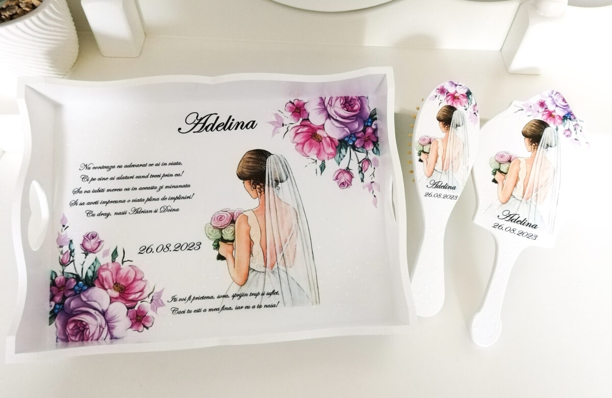 Tavita/set de mireasa personalizat cu flori lila, magenta si mov - imagine 4