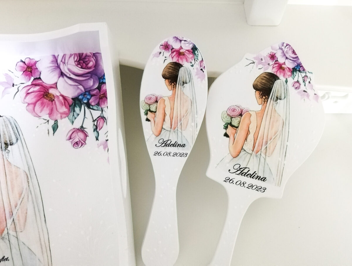 Tavita/set de mireasa personalizat cu flori lila, magenta si mov - imagine 3