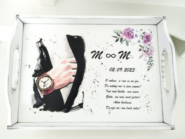 Tavita/set pentru mire, tema sacou negru si flori lila