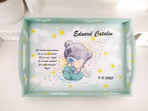 Tavita/set de mot baietel, ursuletul gri in salopeta verde