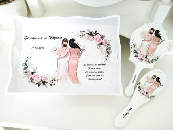 Tavita/set pentru mireasa cu nașă și flori roz