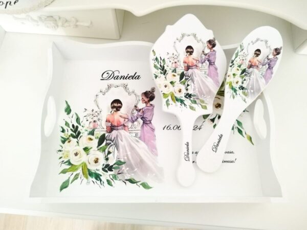 Tavita/set pentru mireasa cu tema gătitul miresei și trandafiri albi