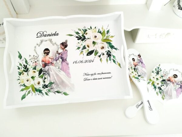 Tavita/set pentru mireasa cu tema gătitul miresei și trandafiri albi