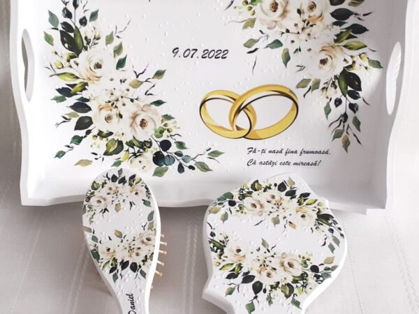 Tavita/set de mireasa personalizat cu trandafiri și verighete