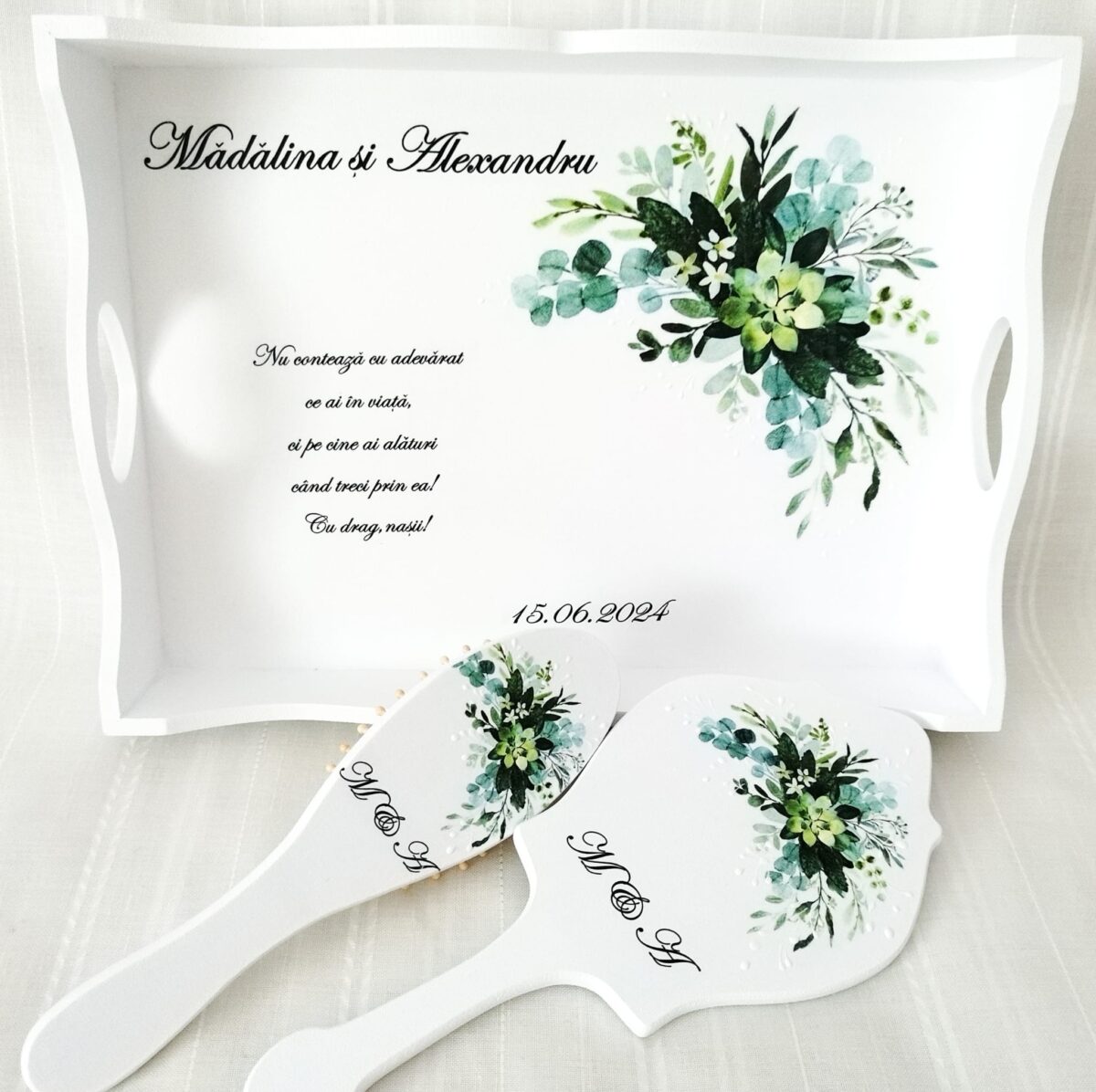 Tavita/set de mireasa personalizat cu alb și verde