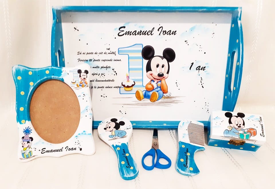 Tavita/set de mot baietel cu Mickey si cifra 1