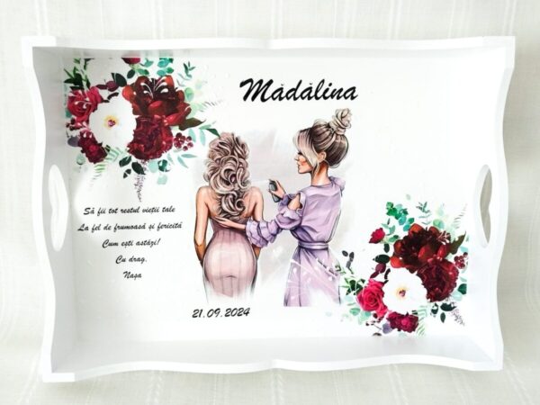 Tava/set de gatit mireasa cu flori grena si albe