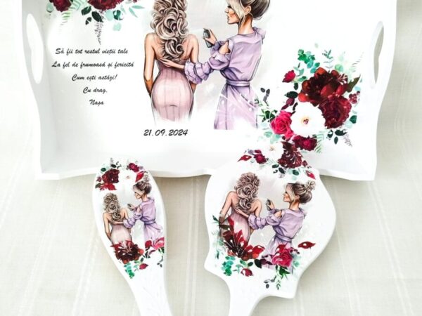 Tava/set de gatit mireasa cu flori grena si albe