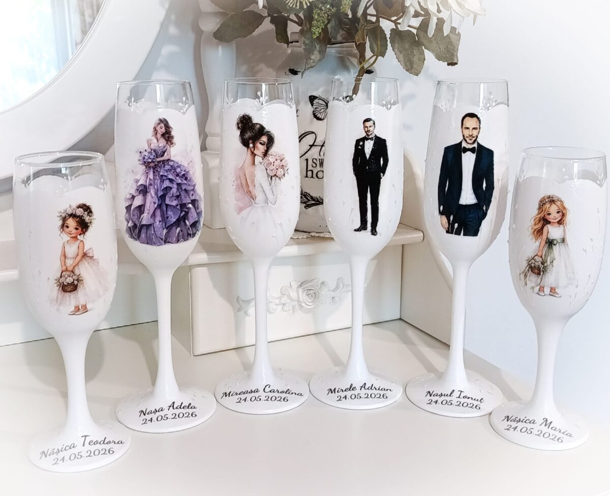 Pahare de nunta personalizate pentru miri, nași și nășice
