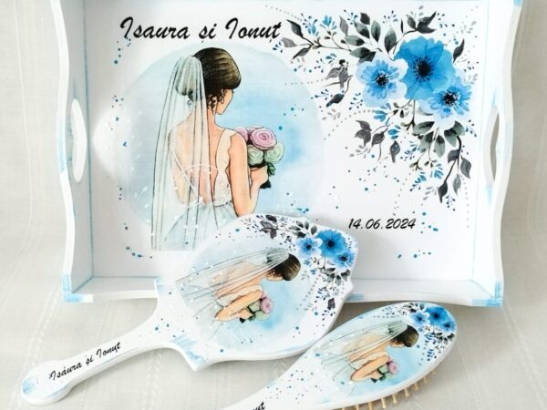 Tavita/set de gatit mireasa cu flori albastre