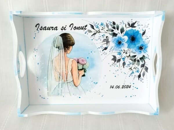 Tavita/set de gatit mireasa cu flori albastre