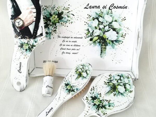 Tavita/set pentru mireasa si mire cu flori verzi