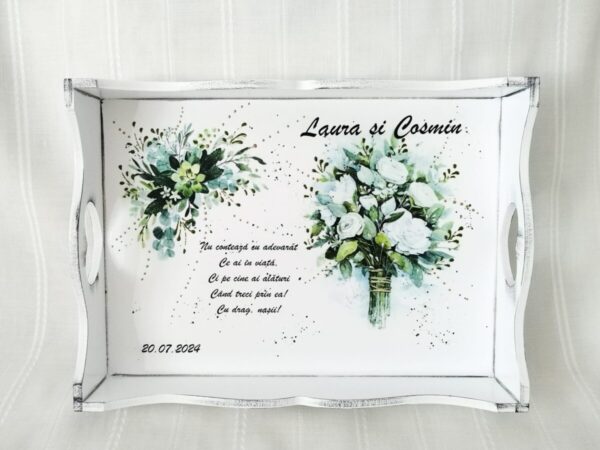 Tavita/set pentru mireasa si mire cu flori verzi