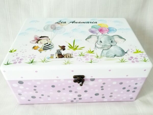 Cutie de trusou pentru botez sau mot cu elefantel si baloane