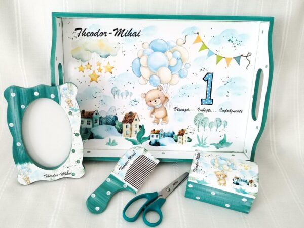 Tavite/set de mot baietel cu ursuleț cu baloane