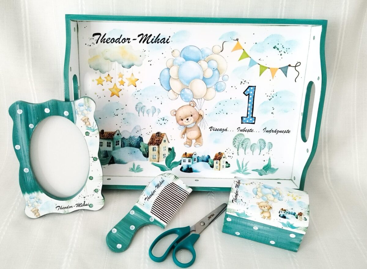 Tavite/set de mot baietel cu ursuleț cu baloane