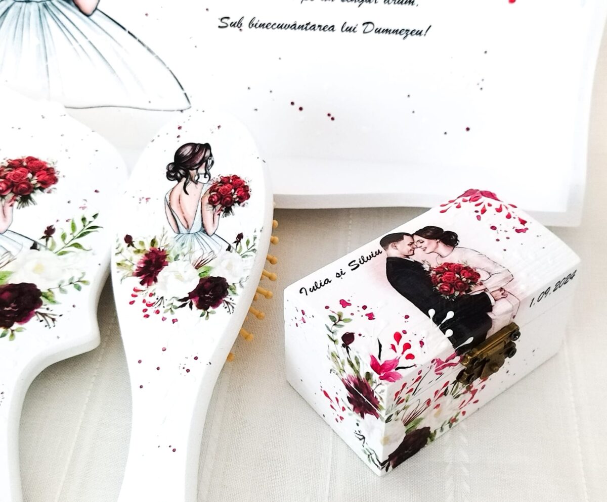 Cutie de verighete nunta personalizata cu mireasa cu buchet rosu - imagine 3