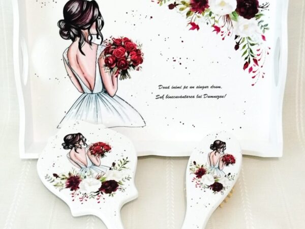 Tavita/set de mireasa cu buchet rosu