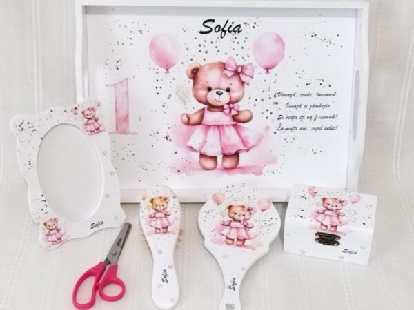 Tavita/set de mot fetita cu ursulețul roz