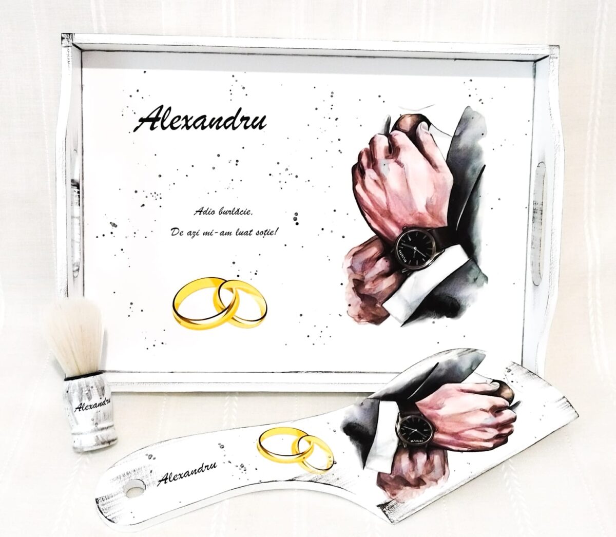 Tavita/set pentru mire personalizat cu tema manseta si verighete