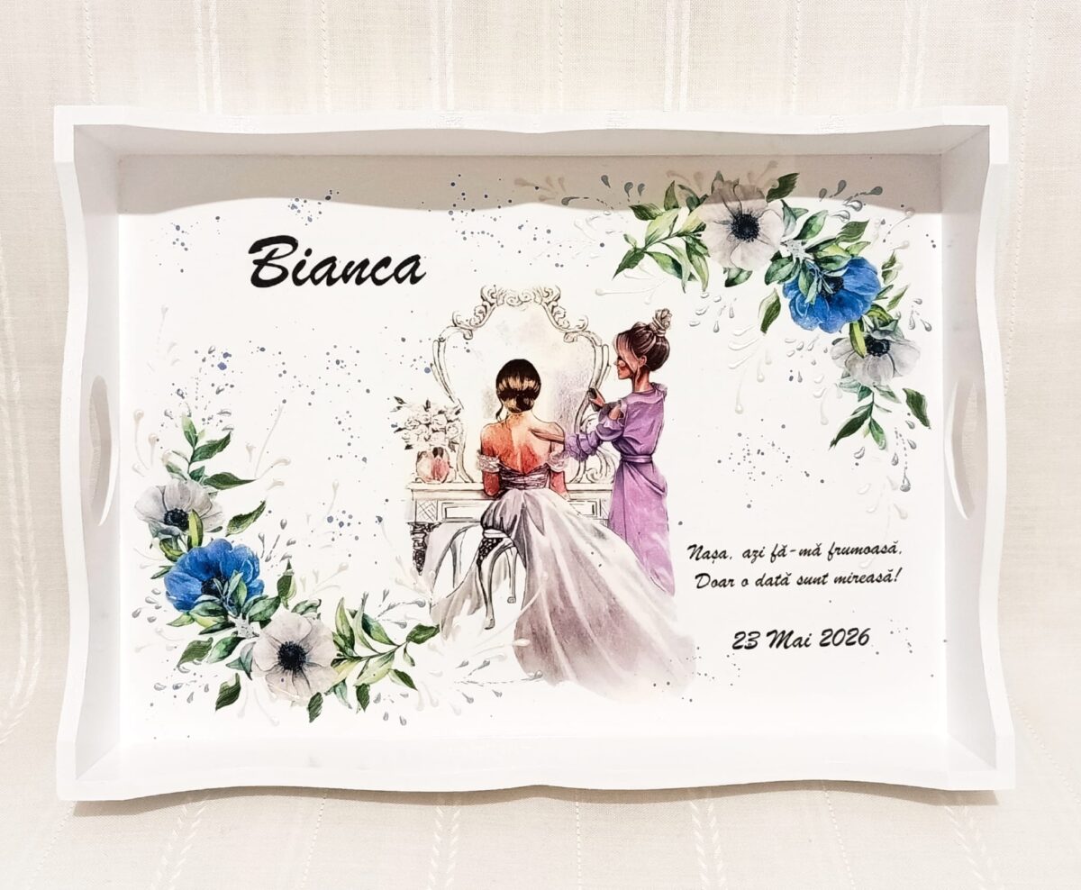 Tavita/set de mireasa personalizat cu flori albastre - imagine 2