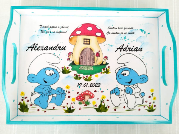 Tavita/set de mot pentru gemeni baietei cu strumfi