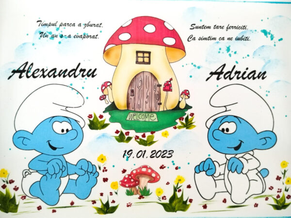 Tavita/set de mot pentru gemeni baietei cu strumfi