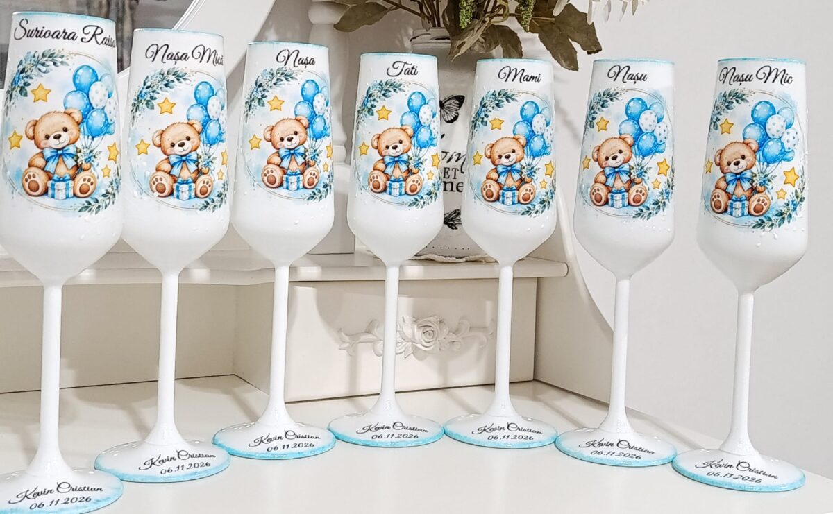 Pahare de botez personalizate cu ursulet si baloane - imagine 2