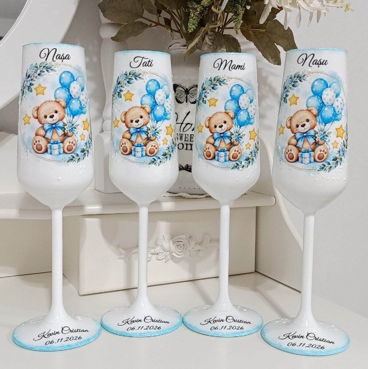 Pahare de botez personalizate cu ursulet si baloane